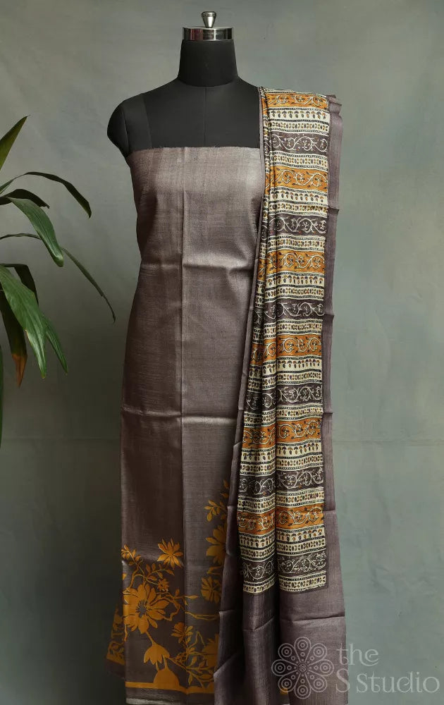 Brown tussar silk kurta and dupatta set with mustard floral prints