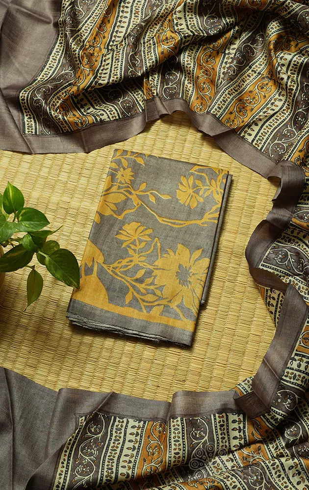Brown tussar silk kurta and dupatta set with mustard floral prints