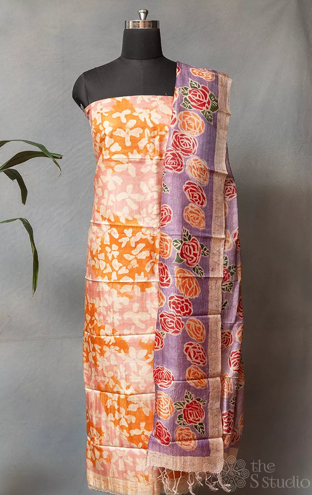 Pink & peach tussar silk  kurta with batik print dupatta