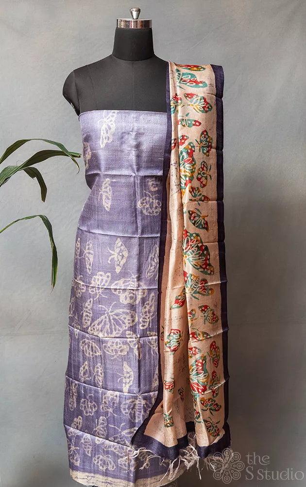 Lavender Tussar silk kurta with Batik Butterfly print dupatta