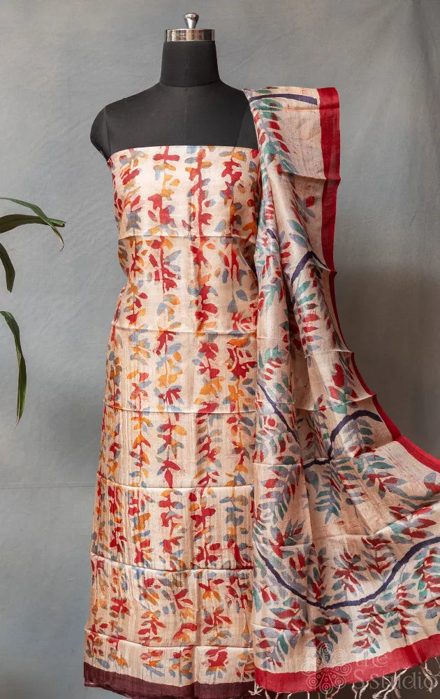 Beige with Orange & maroon tussar silk  kurta with batik print dupatta