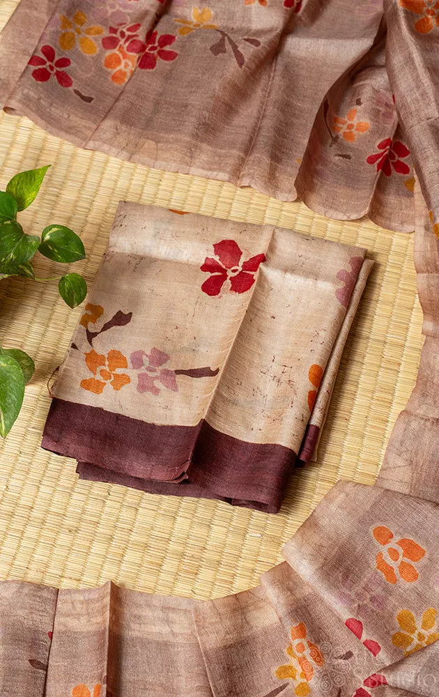 Beige with Brown tussar silk  kurta with batik print dupatta