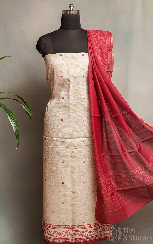 Beige cotton salwar suit with contrast red dupatta