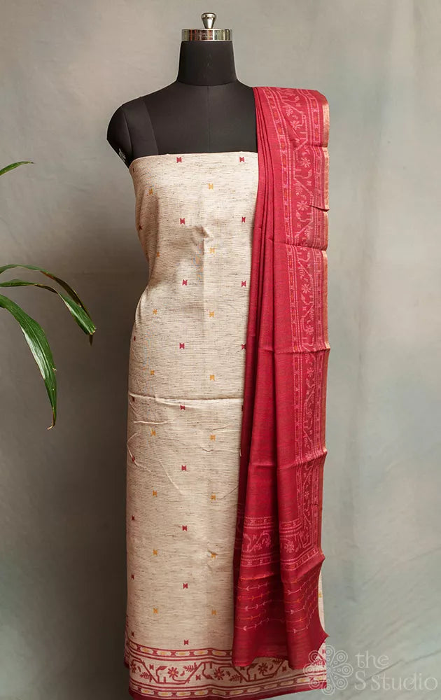 Beige cotton salwar suit with contrast red dupatta