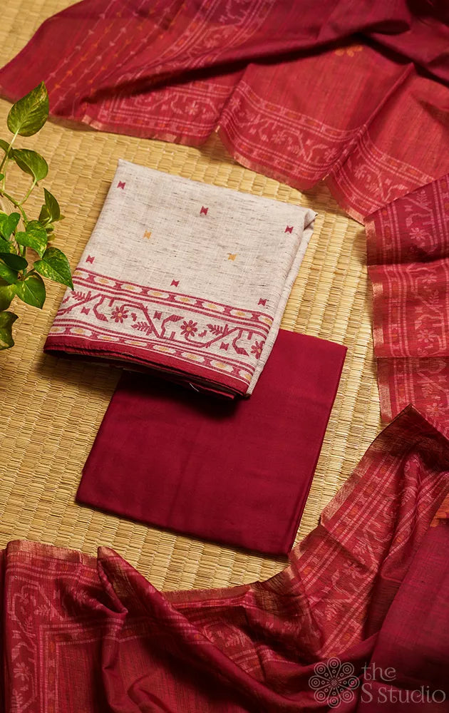 Beige cotton salwar suit with contrast red dupatta