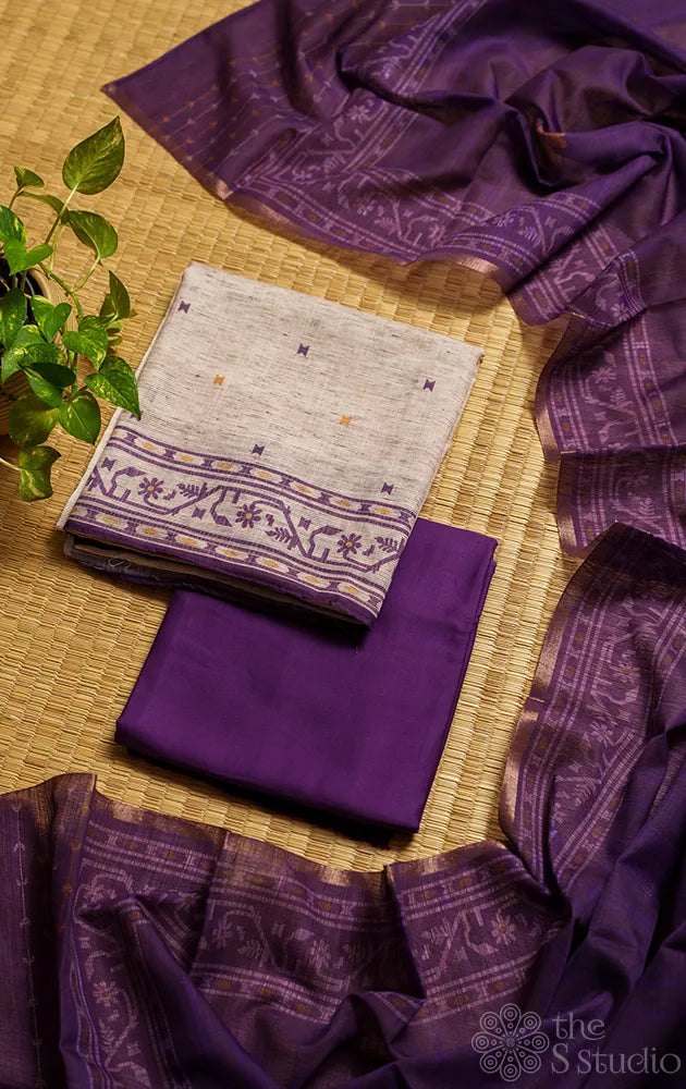 Beige cotton salwar suit with contrast purple dupatta