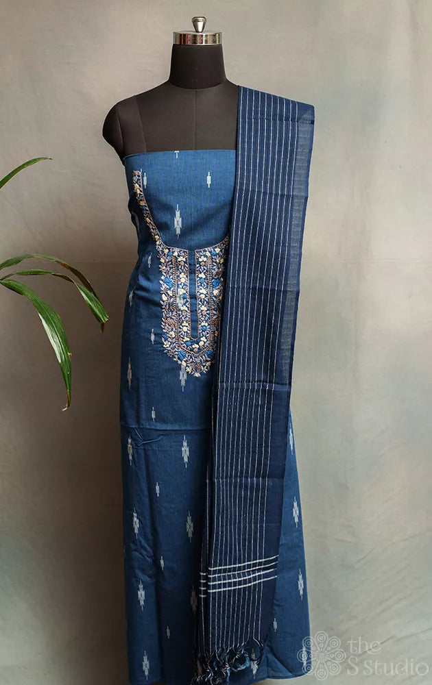 Navy blue cotton salwar suit with hand embroidery