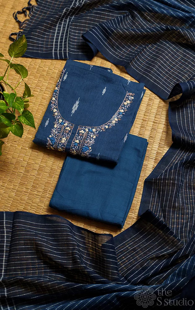 Navy blue cotton salwar suit with hand embroidery
