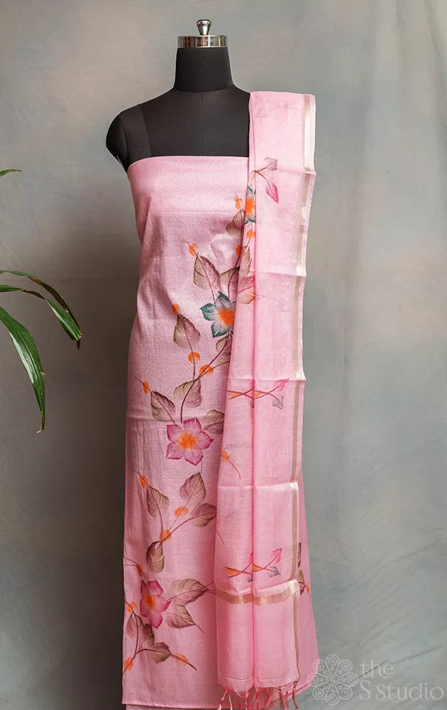 Pink chanderi cotton salwar suit with floral hand painting