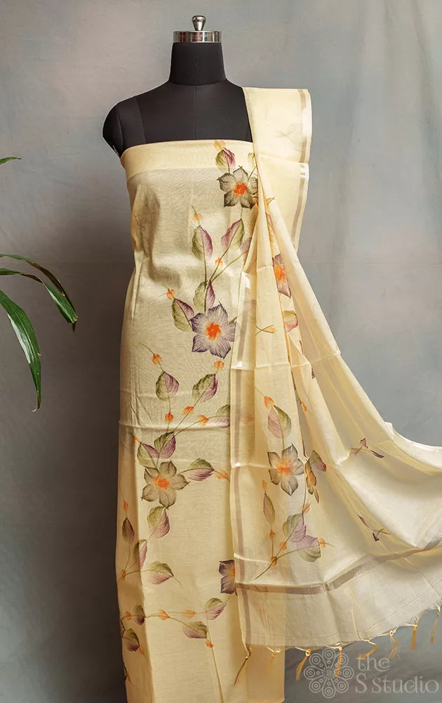 Sandal colour chanderi cotton salwar set with floral hand painting 