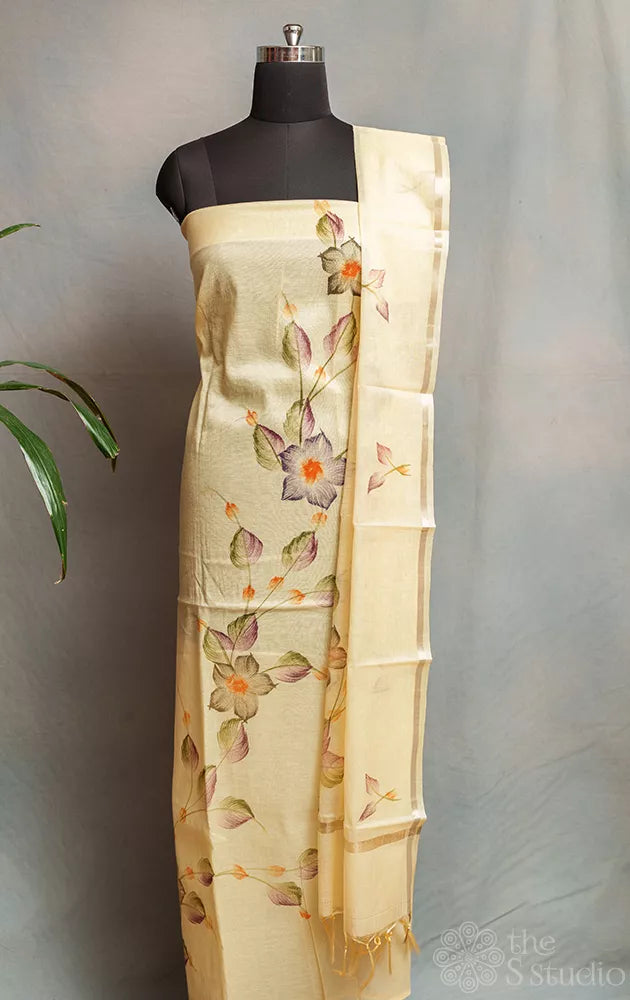 Sandal colour chanderi cotton salwar set with floral hand painting
