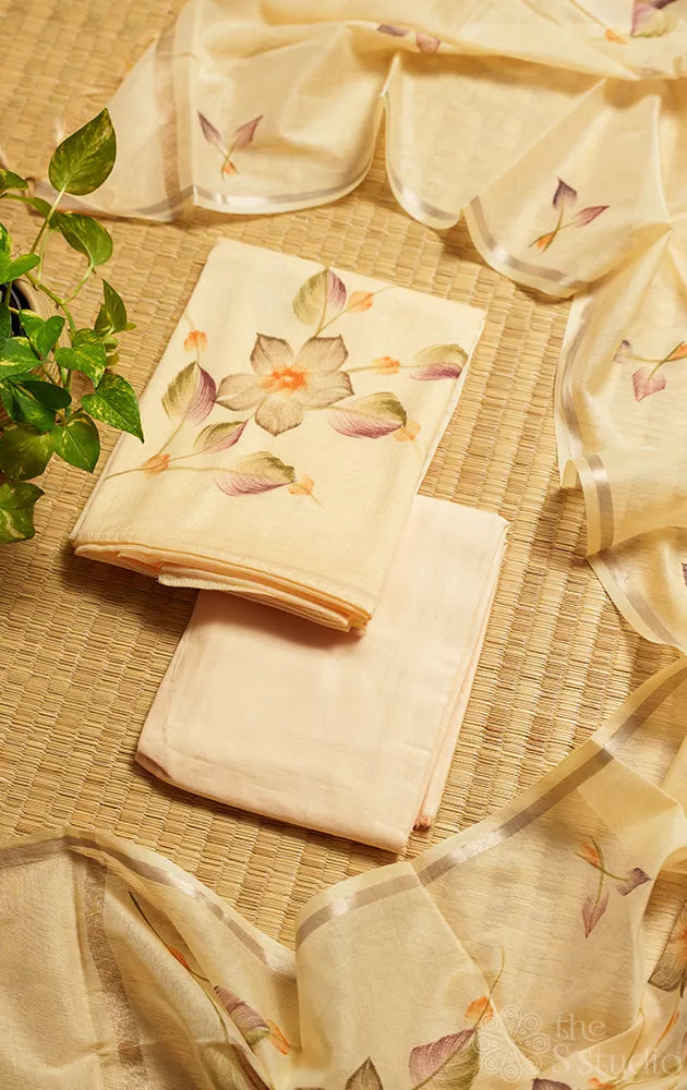 Sandal colour chanderi cotton salwar set with floral hand painting