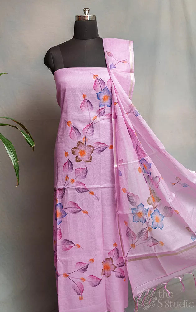 Lavender chanderi cotton salwar suit with floral hand painting