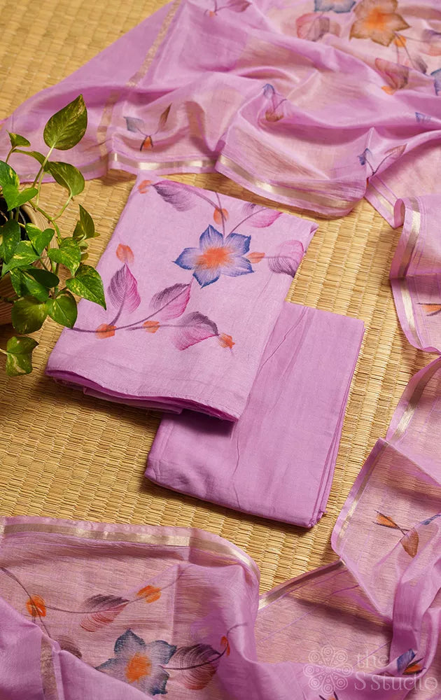 Lavender chanderi cotton salwar suit with floral hand painting