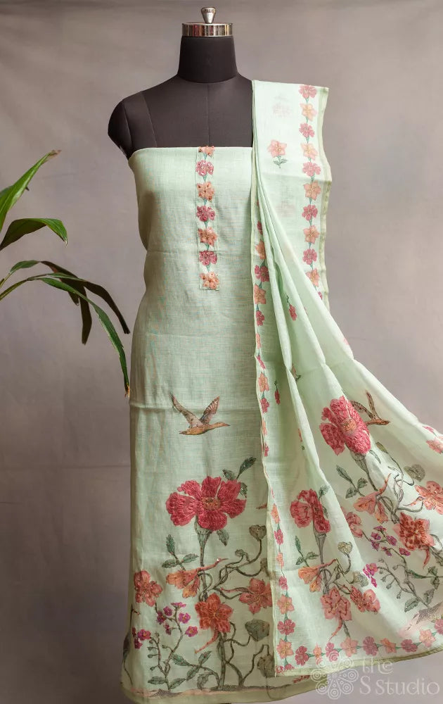 Light green linen cotton salwar set with floral prints and kantha embroidery