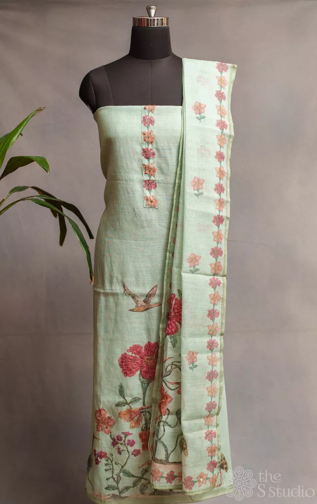 Light green linen cotton salwar set with floral prints and kantha embroidery