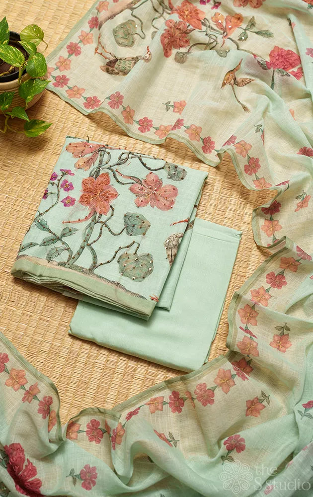 Light green linen cotton salwar set with floral prints and kantha embroidery