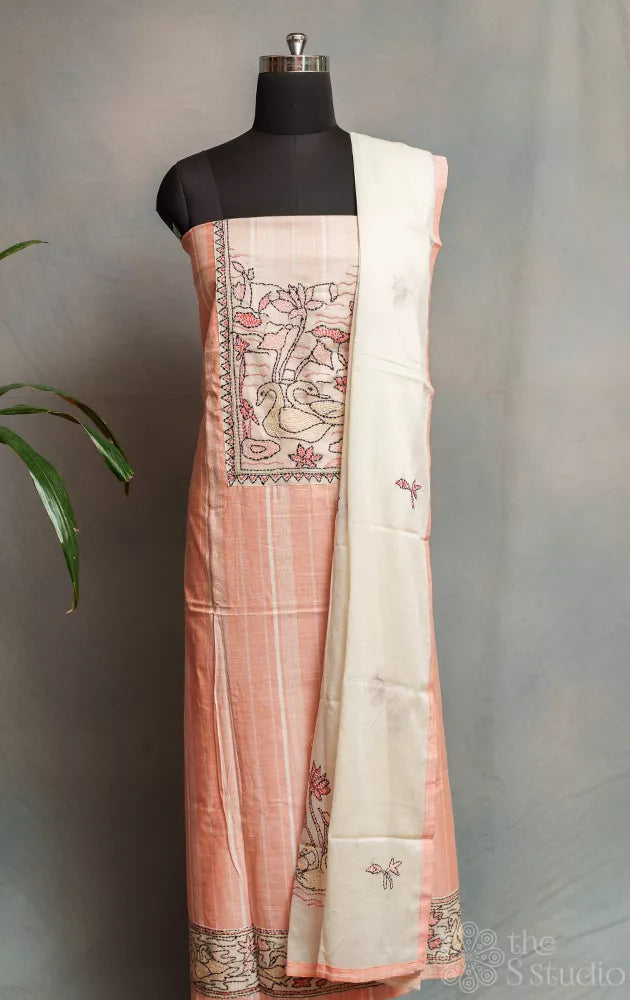Peach cotton salwar suit with kantha hand embroidery