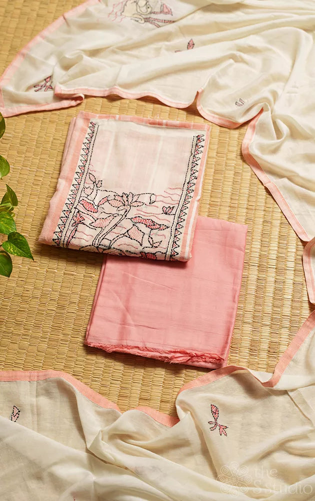 Peach cotton salwar suit with kantha hand embroidery