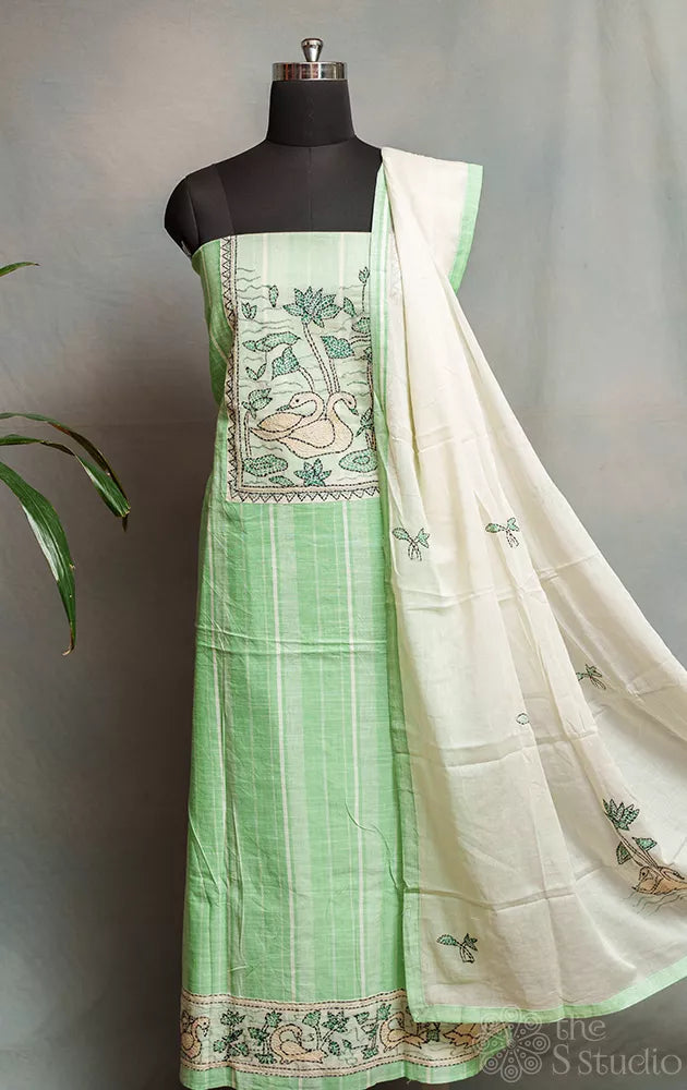 Light green cotton salwar suit with kantha hand embroidery