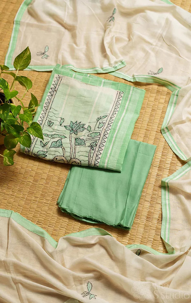 Light green cotton salwar suit with kantha hand embroidery