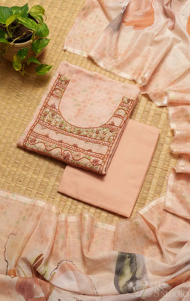 Peach printed kota cotton salwar suit with neck pattern hand embroidery