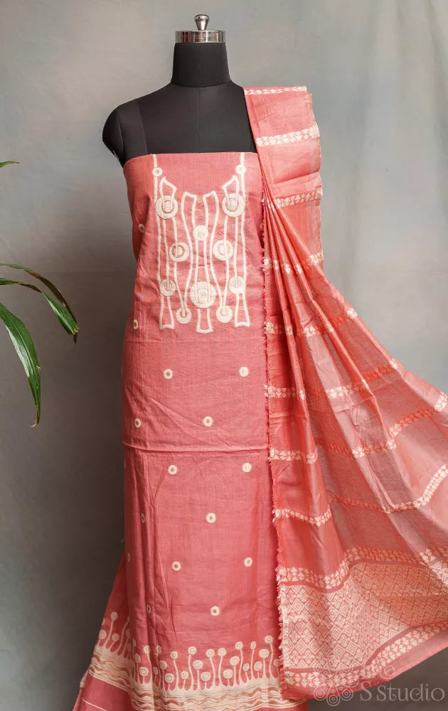 Peach chanderi cotton salwar suit with jamdani style neck pattern & border