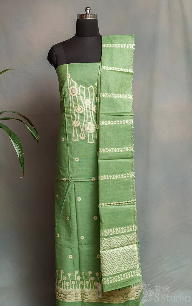 Green chanderi cotton salwar set with jamdani neck pattern & border