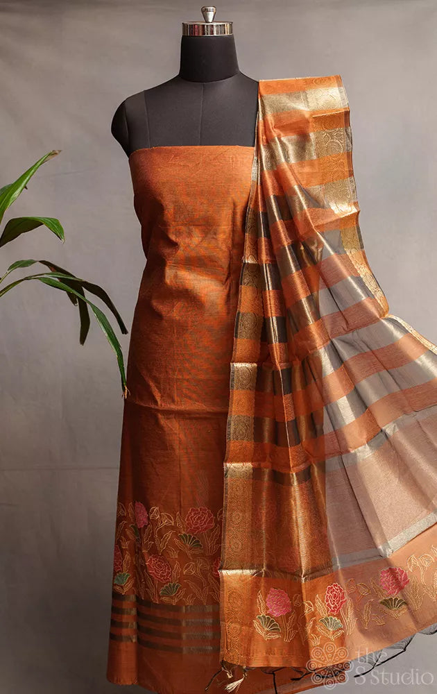 Rust chanderi cotton salwar set with floral embroidery 