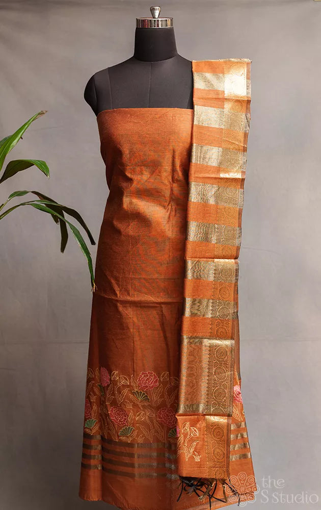 Rust chanderi cotton salwar set with floral embroidery