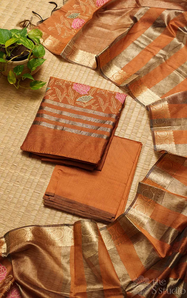 Rust chanderi cotton salwar set with floral embroidery