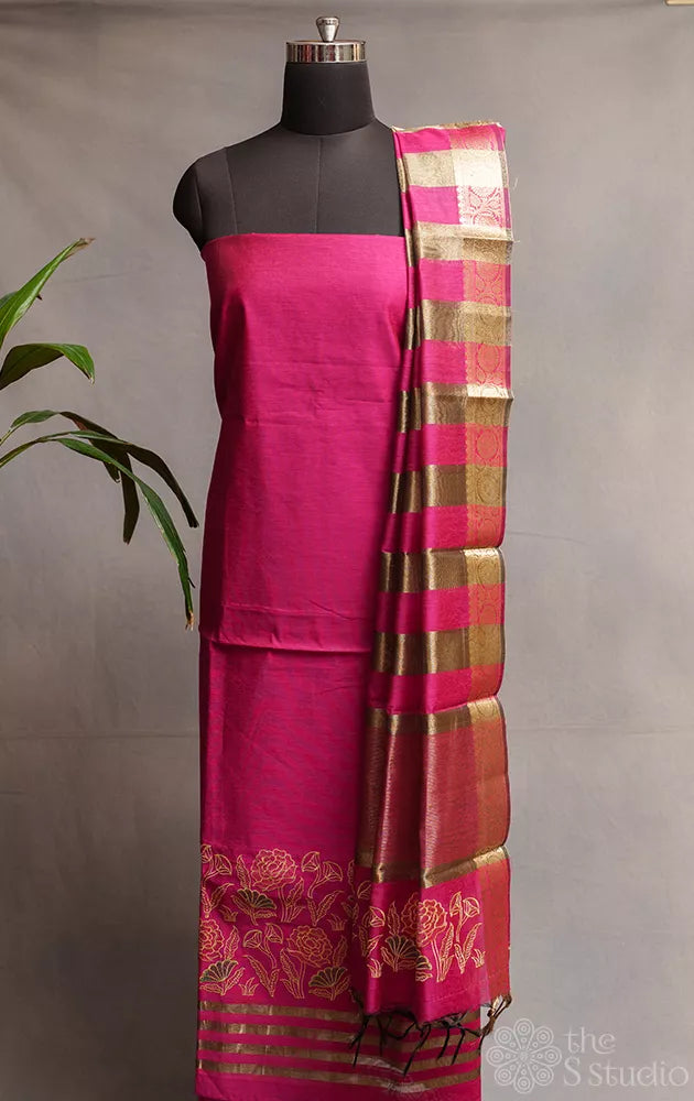 Magenta chanderi cotton salwar set with floral embroidery