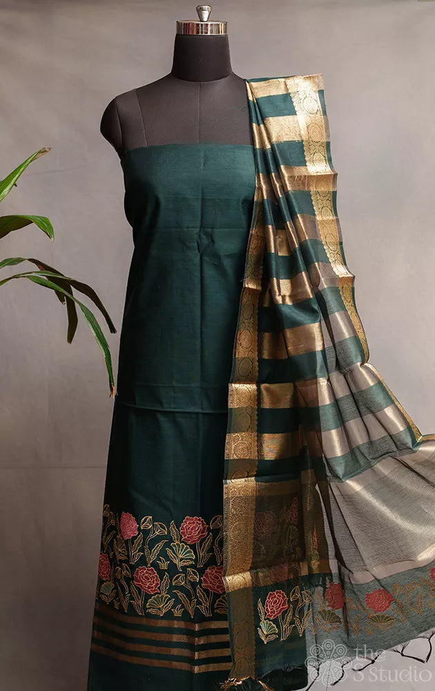 Bottle green chanderi cotton salwar suit with matching dupatta