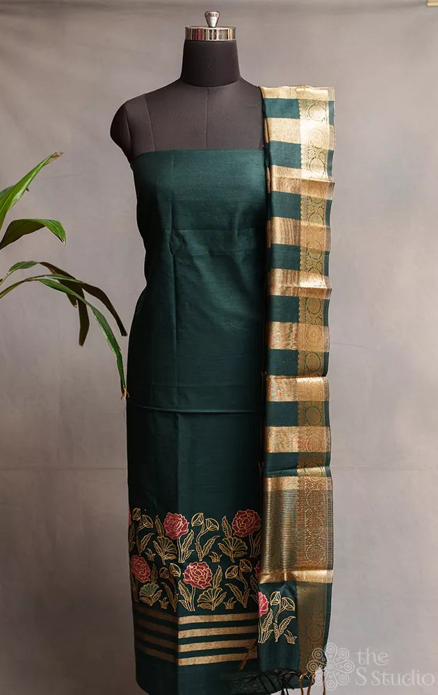 Bottle green chanderi cotton salwar suit with matching dupatta