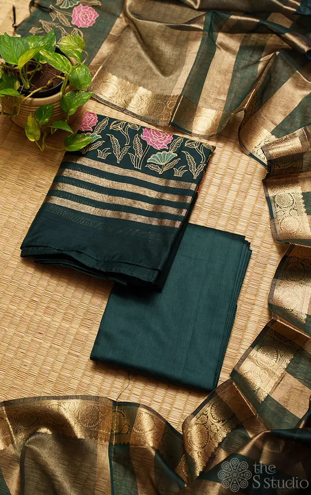 Bottle green chanderi cotton salwar suit with matching dupatta