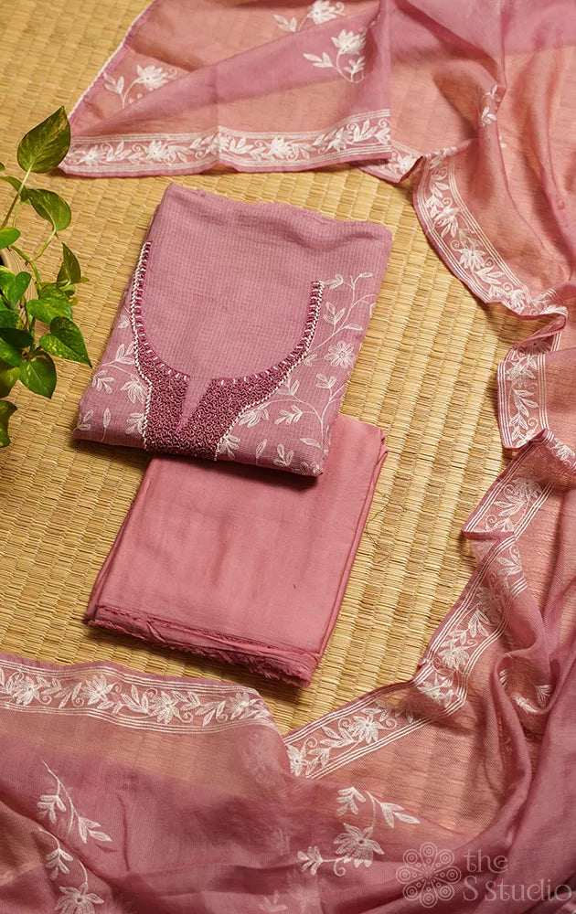 Onion pink hand embroidered kota cotton salwar suit