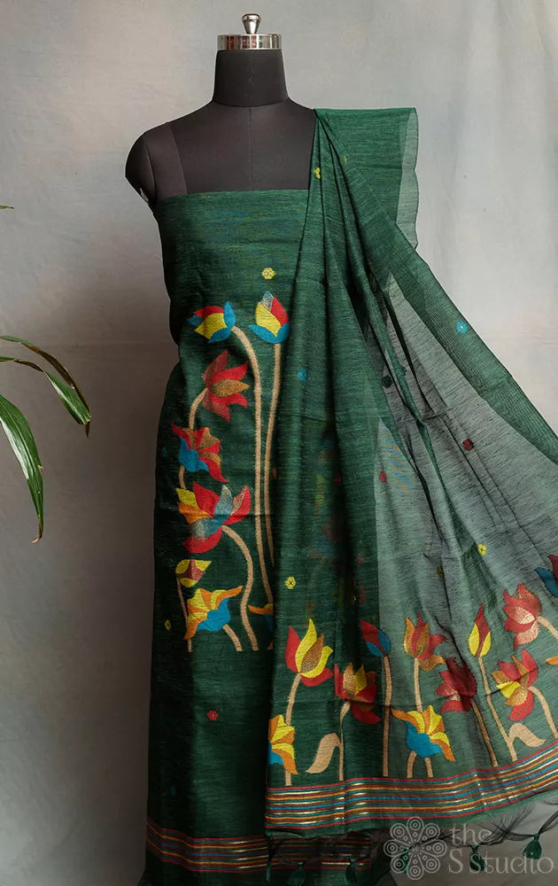 Bottle green linen cotton salwar set with jamdani floral weave