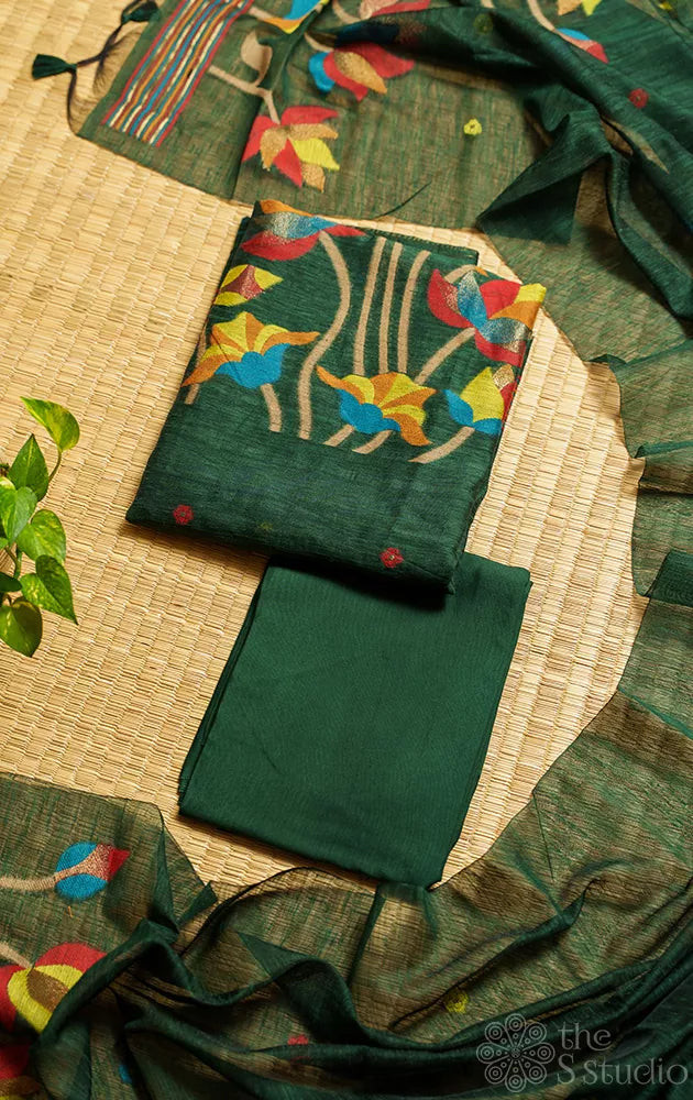 Bottle green linen cotton salwar set with jamdani floral weave