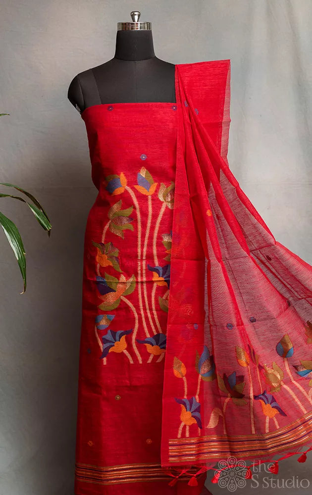 Red linen cotton salwar suit with jamdani floral weave