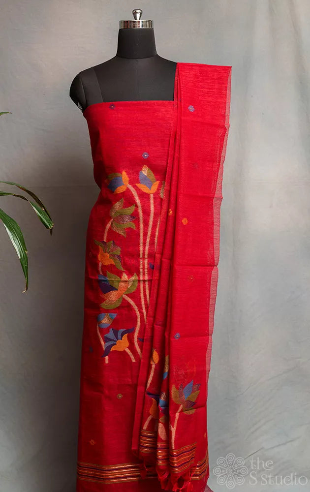 Red linen cotton salwar suit with jamdani floral weave