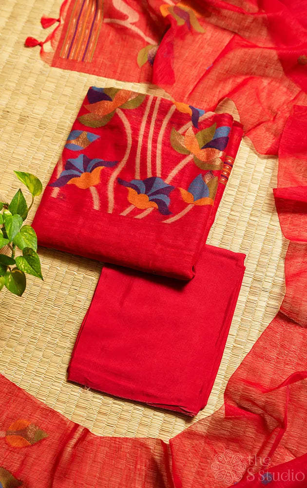 Red linen cotton salwar suit with jamdani floral weave