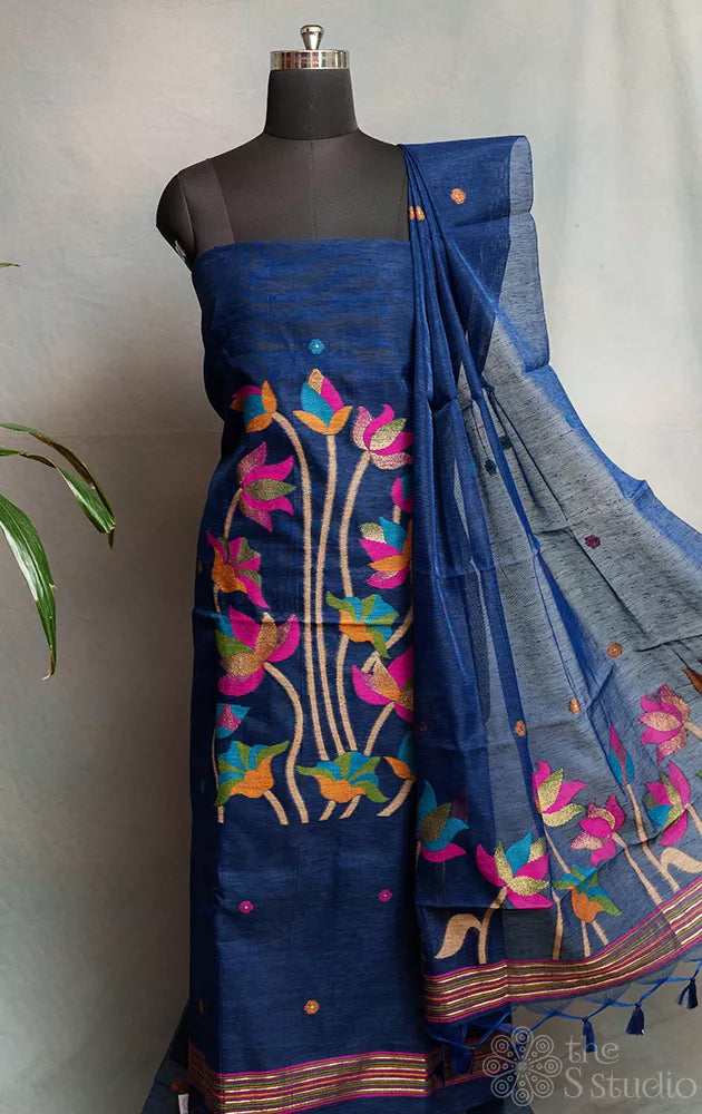 Blue linen cotton salwar suit with jamdani floral weave