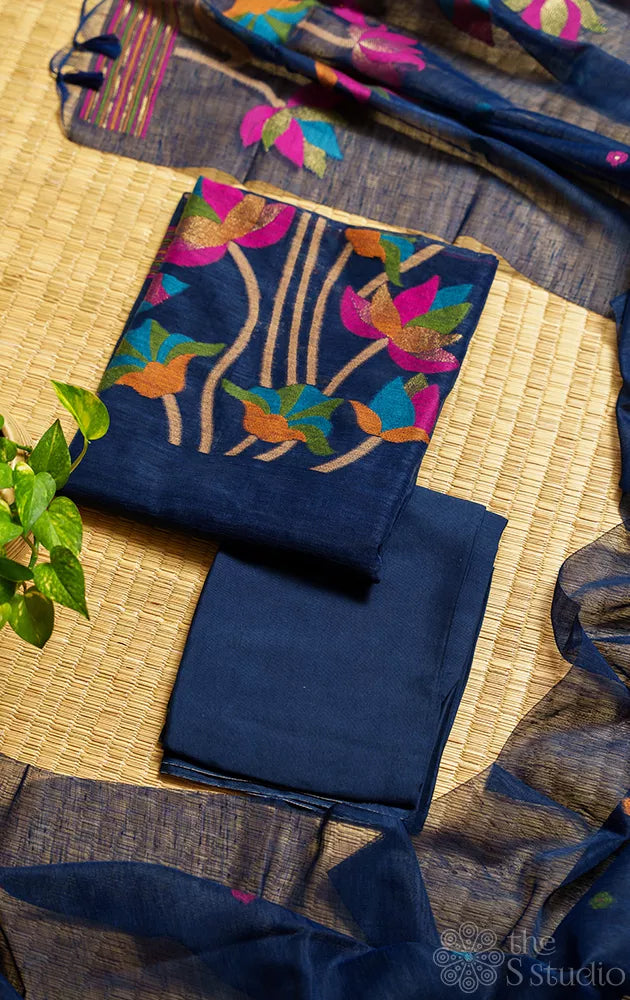 Blue linen cotton salwar suit with jamdani floral weave