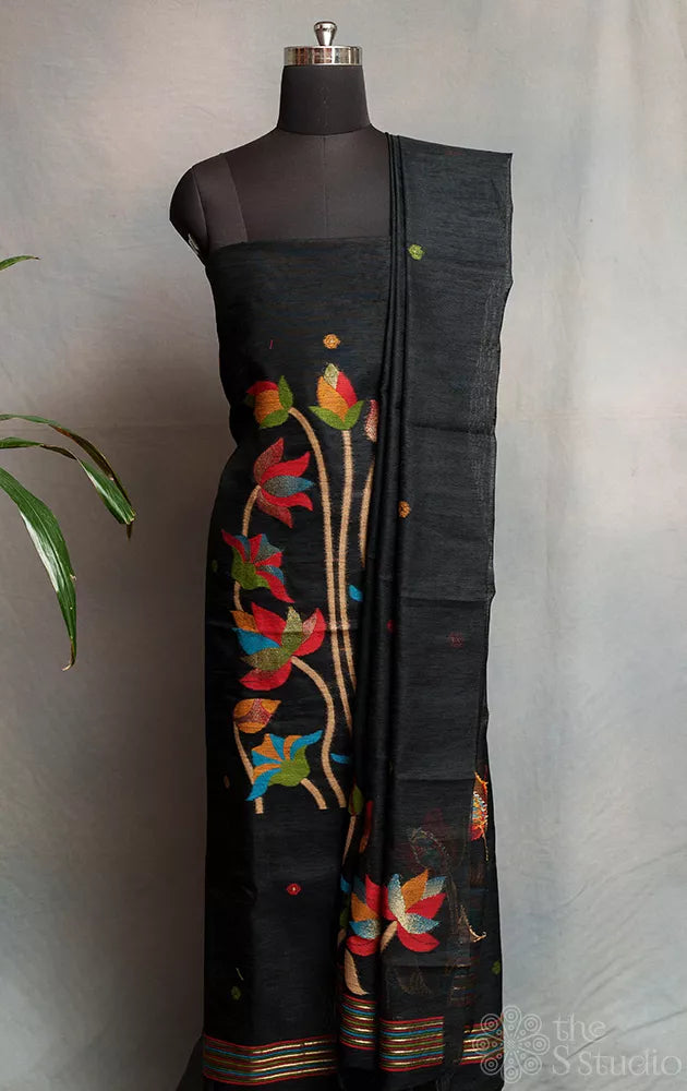 Black linen cotton salwar suit with jamdani floral weave