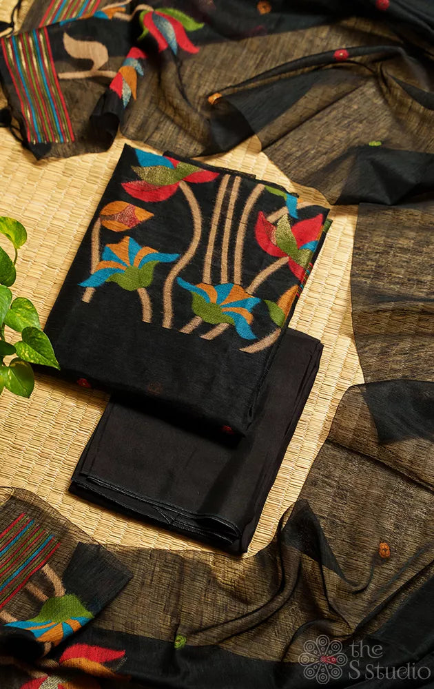 Black linen cotton salwar suit with jamdani floral weave