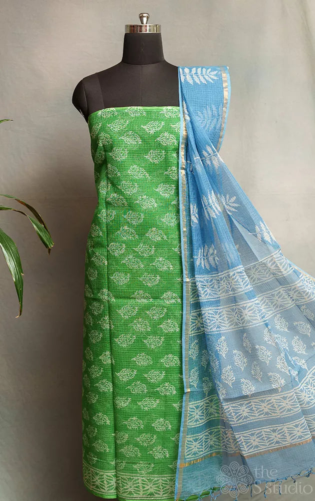 Green kota cotton salwar suit with contrast blue kota dupatta