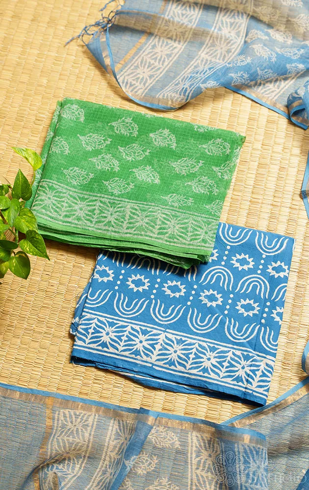 Green kota cotton salwar suit with contrast blue kota dupatta