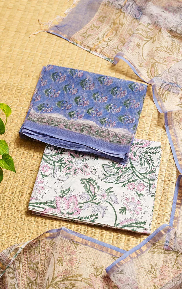 Violet kota cotton salwar suit with contrast white kota dupatta