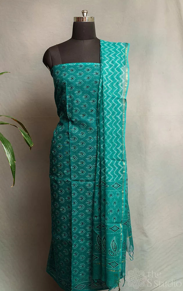 Teal green kota cotton printed salwar set with matching dupatta