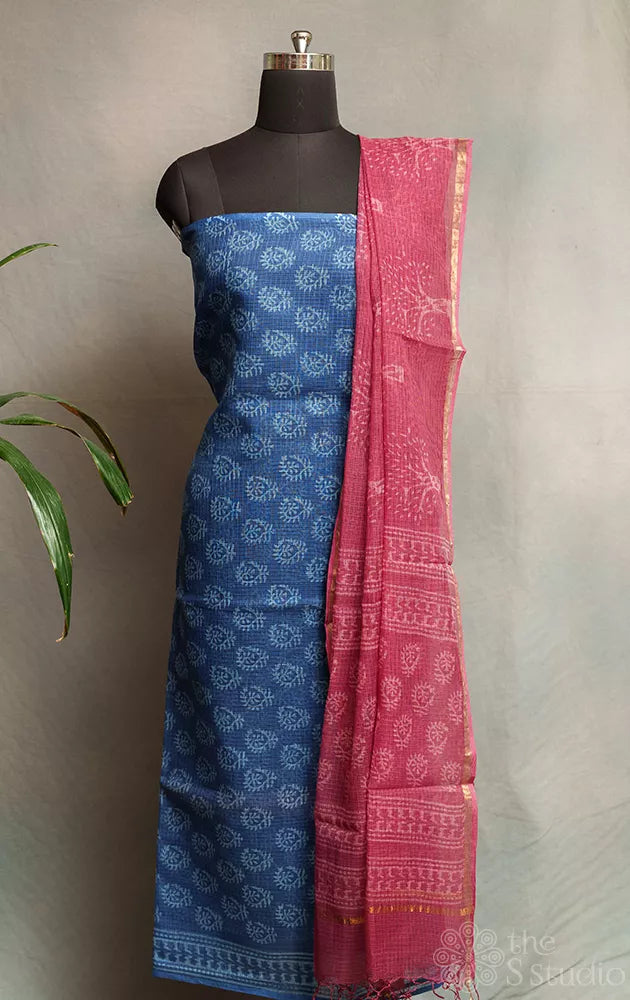 Blue kota cotton salwar suit with contrast brown kota dupatta
